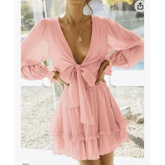 zescia womans sexy long sleeve dress w/tie, smocked waist sz womans sm NWT - Picture 3 of 14